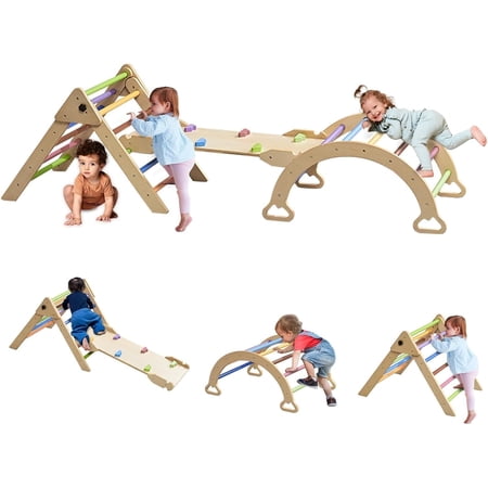 HERVIGOUR 3-in-1 Foldable Pikler Triangle Set for Toddlers, Wooden Jungle Gym, Space-Saving, Rainbow