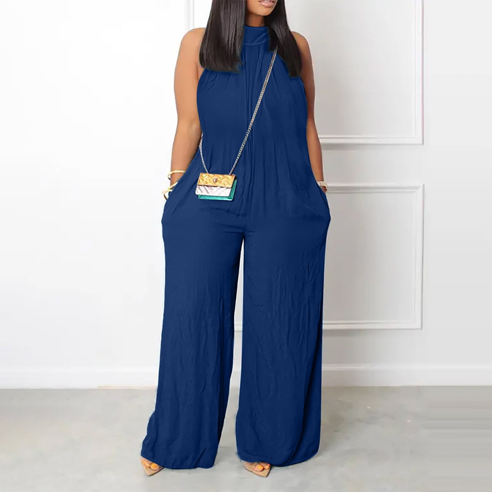Women's Plus Size Jumpsuit Summer Beach Sleeveless Solid Color Casual ...