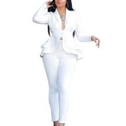 S White Womens Ruffle Suit Blazer Coat Pants OL Formal Office Work Jacket Outfit Slim