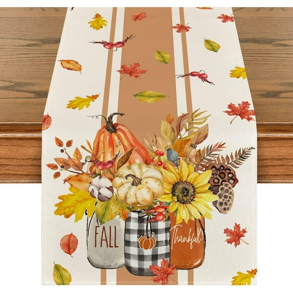 Thankful Fall Pumpkin Leaves Floral Vases Table Runner, Autumn Thanksgiving Kitchen Dining Table Decoration for Home Party Decor 13x72 Inch