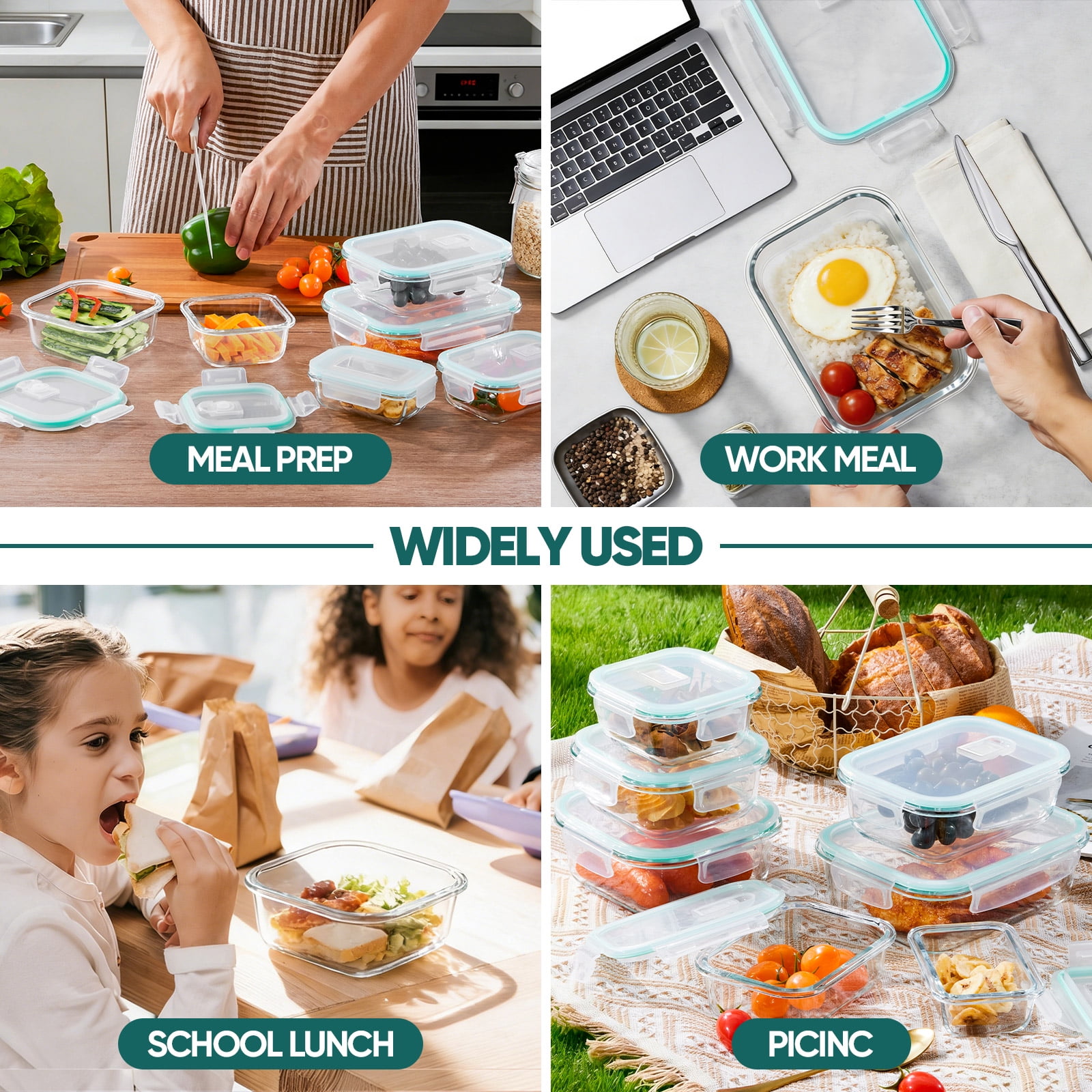 Vesteel 7 Pack Glass Food Storage Containers Set with Airtight Lid, Glass Meal Prep Containers with Vented Lid for Kitchen, BPA-Free Bento Lunch Box , Microwave, Freezer & Dishwasher Safe