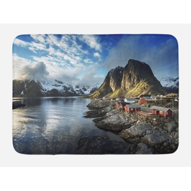 Island Bath Mat, Fishing Hut Photo in Autumn with Rocks and Clouds Scenery Northern Norway Cold, Non-Slip Plush Mat Bathroom Kitchen Laundry Room Decor, 29.5 X 17.5 Inches, Blue Grey White, Ambesonne