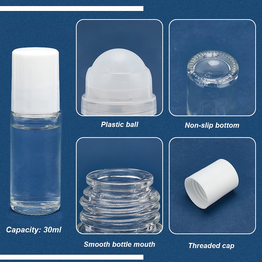 10 Pcs 30ml/1 oz Essential Oil Roller Bottle Clear Glass Bottles with Plastic Roller Ball White Lid Labels Dropper Reusable Empty