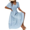 thumbnail image 2 of Women Casual Midi Maxi Dresses Polka Dot Print Short Sleeve V Neck Elastic Waist Boho Beach Dress Light Blue M, 2 of 9