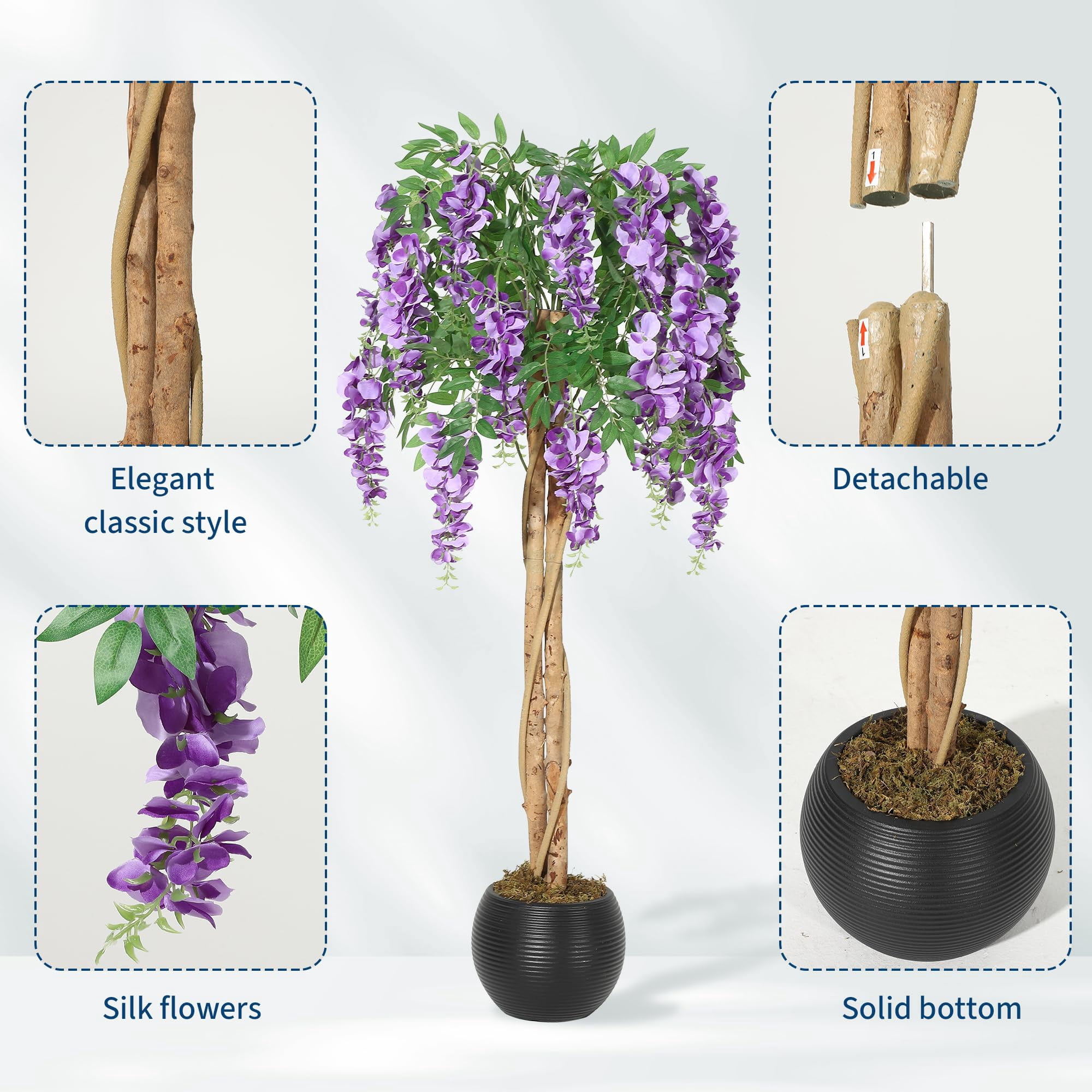 Huisuilinss Artificial Purple Blossom Tree,Artificial Purple Bean Flower Tree,Potted Faux Flower Tree,Silk Faux Plant Fake Tree With Double Trunk,Hanging Vine,Moss For Office Wedding Photo Backdrop