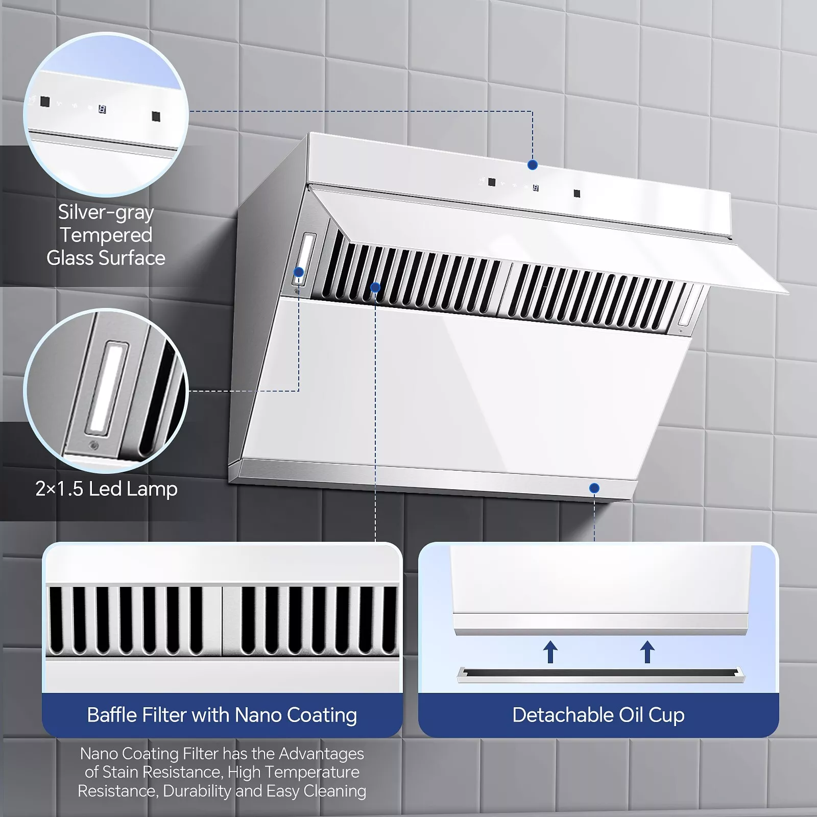 30 inch Under Cabinet Range Hood 900CFM 9-Speed Gesture Touch Control Silver White Glass Modern Vent Hood Kitchen