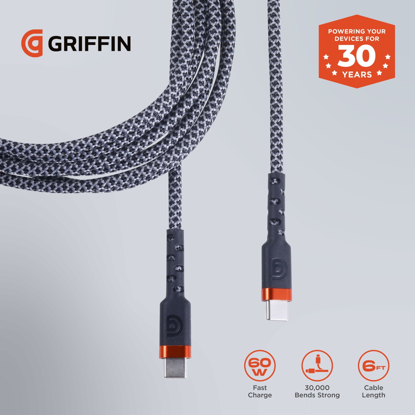 Griffin 6ft Ultra Durable USB-C to USB-C Charge & Sync Cable – Fast Charging, 30,000 Bends Strong, Compatible with Android, iPhone, Tablets, USB-C Device, High-Speed Charging Cable