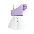 thumbnail image 2 of lkfuzj Girl's 2 Piece Outfits Collarless One Shoulder Ruffle Trim Round Neck Tank Top and Double Button Shorts Set Summer Clothing Sets For Girls 1 - 6 Years Purple, 2 of 9