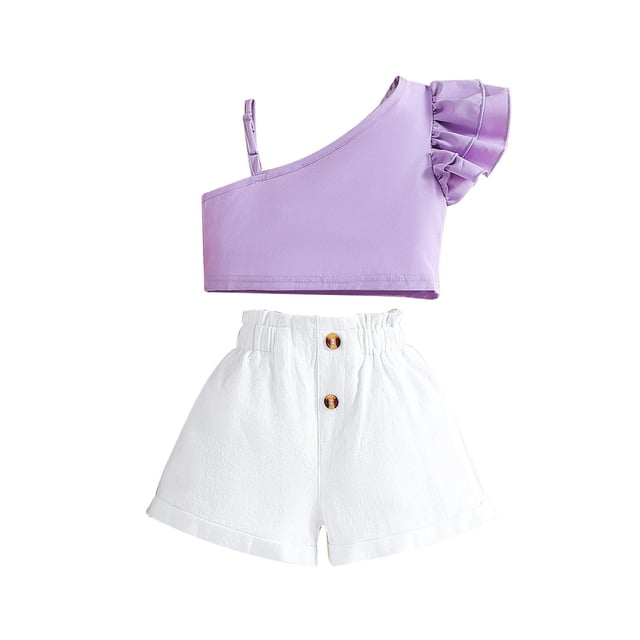 Zpanxa Ensembles d'Été pour Filles Mode Décontractée Sans Manches Col Rond Bouton Uni Shorts Ensembles 2 Ans