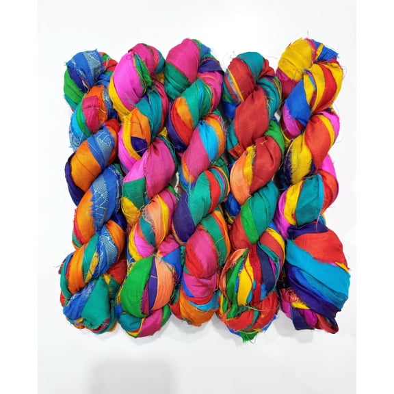 Maker's Craft Recycled Vintage Multicolor Sari Silk Ribbon Yarn 50 Yards100 Grams For DIY Christmas Decoration Knitting Crocheting Gift Wrapping Macrame Makers Jewelry Making Hooking (Multicolor)