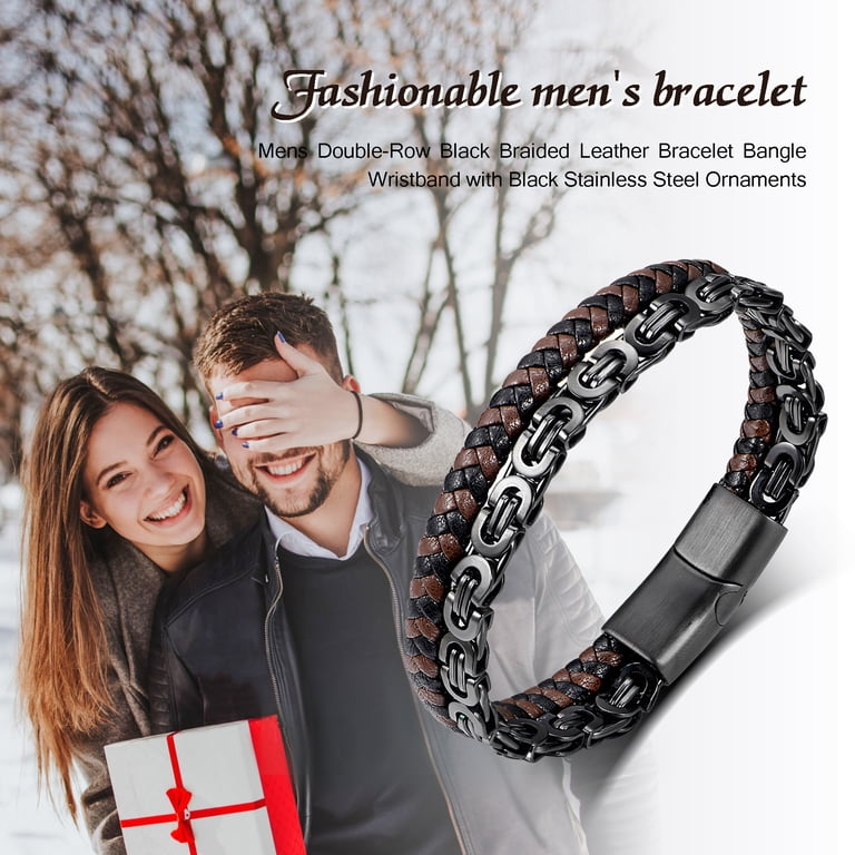 Jewmon Men's Black Leather and Stainless Steel Bracelet, Magnetic