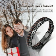 Jewmon Mens Bracelet Black Link Stainlee Steel and Leather Bracelet for Men Son and Dads Gift