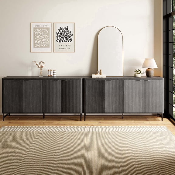 Fluted Buffet Cabinet Set of 2, 65" Sideboard Cabinet with Metal Handles and Storage, Modern Accent Cabinet for Dining Room, Living Room or Kitchen, Black
