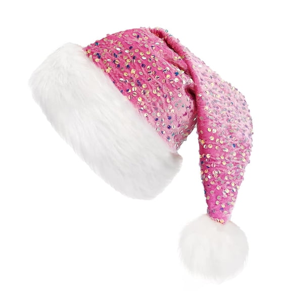 Blingbling Santa Hat Blingbling Sequins Thicken Plush for Holiday Christmas New Year Symbol Caps with White Brim