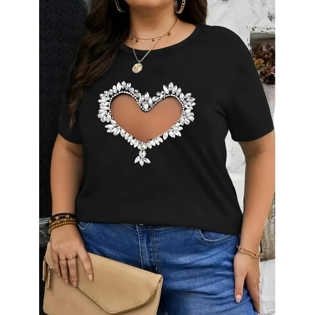 Camiseta de moda para mujer, estampado geométrico de corazón con diamantes de imitación, cuello redondo, elasticidad media, camiseta deportiva informal.