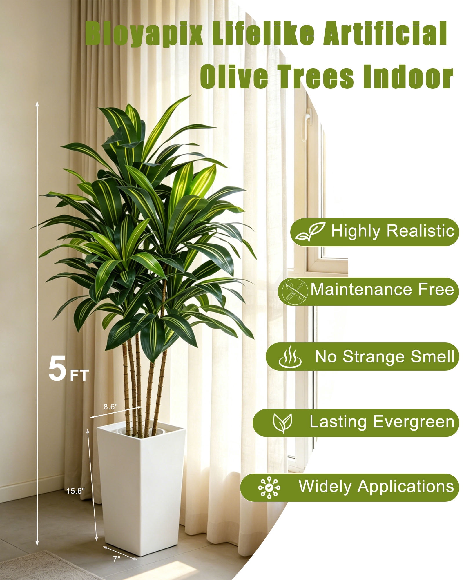 5FT Artificial Dracaena Tree, Large Fake Dracaena Tree Indoor with White Tall Planter and Fake Moss, Faux Yucca Trees Floor Plant in Pot for Living Room Office Indoor Home Decor