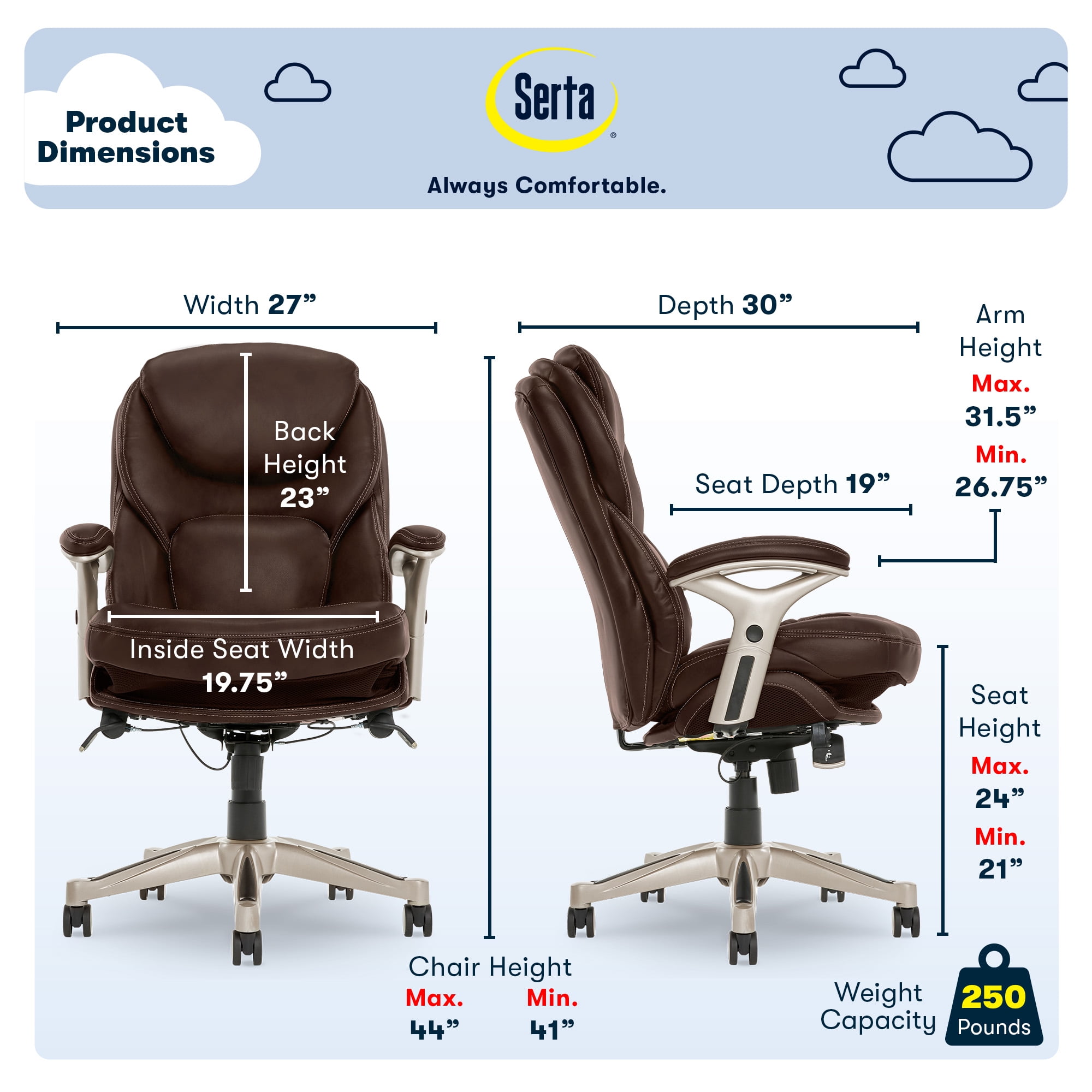 Serta Claremont Executive Office Chair with Back-In-Motion Technology, Ergonomic Mid-Back with Pivot Lumbar Support and Seat, Plush Cushion, Body Pillows, Adjustable Arms, Bonded Leather, Brown