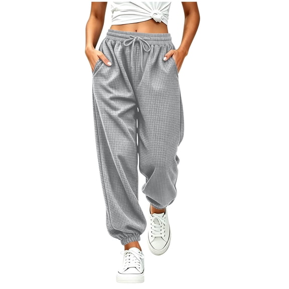 Spazoro Girls Waffle Knit Sweatpants with Side Pockets, Solid Color Elastic Drawstring Waist Fall Winter Loose Fit Casual Jogger Pants for Little Big Kids Gray Size 7-8
