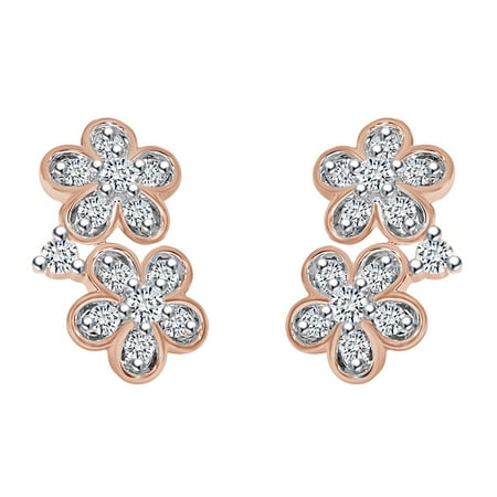 0.14 Carat (cttw) Round Shape White Natural Diamond Flower Stud Earrings 10k Solid Rose Gold