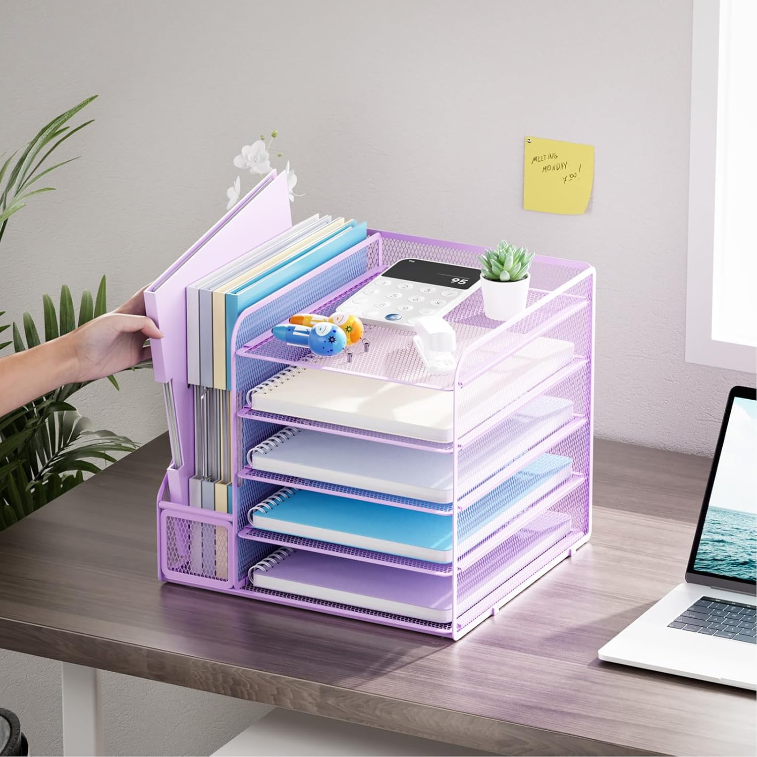 Desk Organizers and Accessories, 5-Tier Paper Letter Tray Organizer with File Holder, Mesh File Organizer, Office Desk Accessories & Organization for Supplies (Purple)