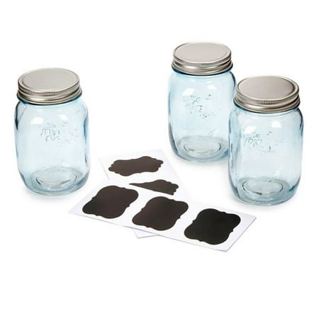 Blue 16 oz Mason Jars with Chalkboard Labels - 3 (Best Chalk Paint For Mason Jars)