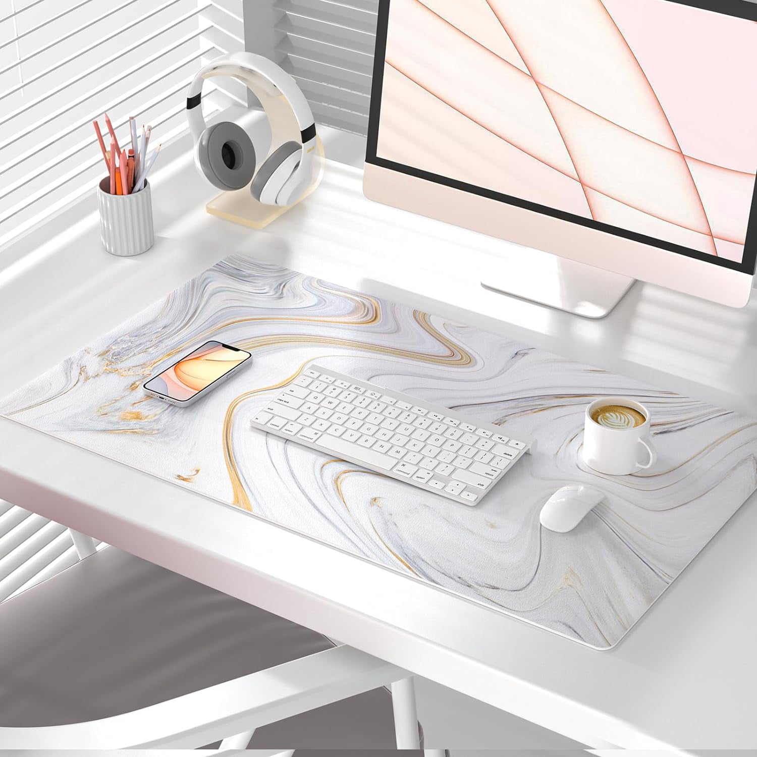 White Mouse Pad, Cute Marble Large Desk Mat, PU Leather Desk Protector Mousepad, Gold Grey Striped Waterproof Computer Keyboard Gaming Mouse Pads, Non Slip Extended Writing Pad 31.5" x 15.7"
