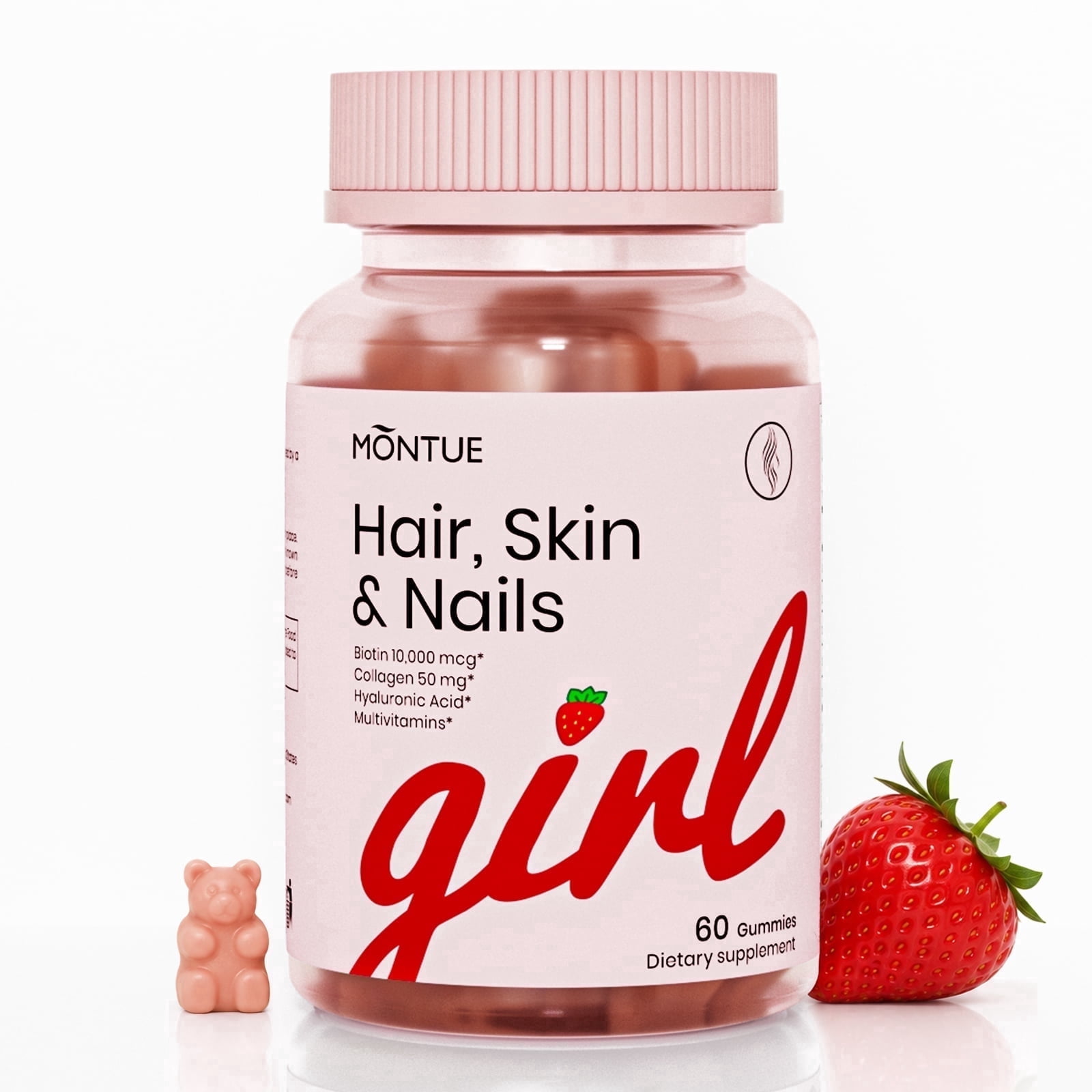Montue Hair Skin and Nails Gummies, Biotin 10000 mcg with Collagen and Hyaluronic Acid, Strawberry Flavor, 60 Gummies