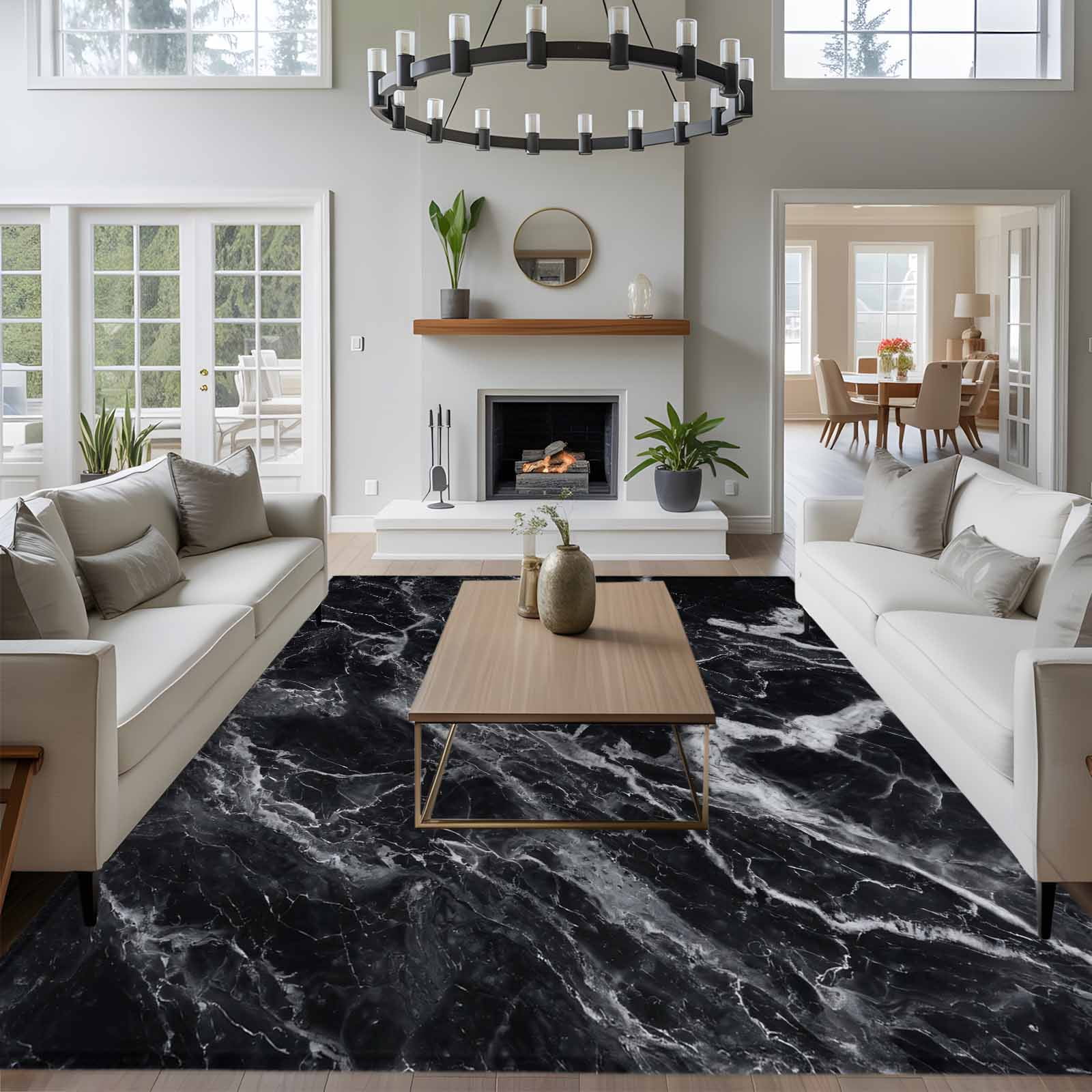 Abstract Art Washable Living Room Rugs 8'x10', Dark Black Marble Texture Modern Simple Low Pile Throw Large Area Rug Non-Slip Sturdy Edge Binding Carpet for Bedroom Dining Room Office