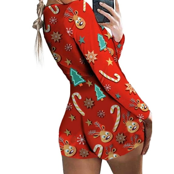 Seyurigaoka Women Christmas Plus Size Bodycon Jumpsuit Romper Christmas Print Deep V Neck Pajamas Bodysuit Outfit Tracksuit Playsuit Nightwear Homewear