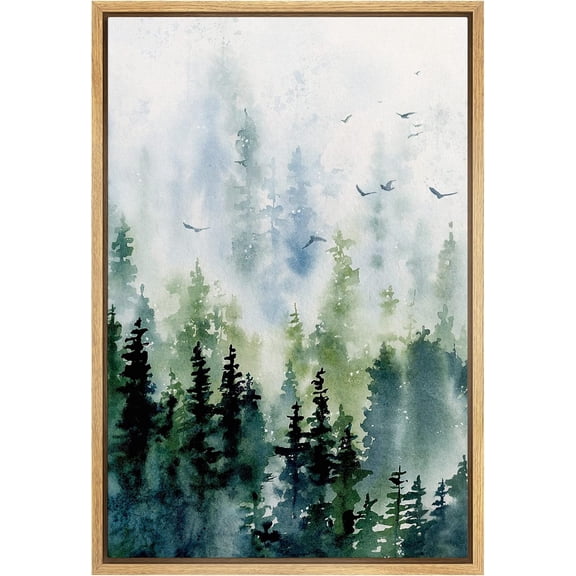 Aaheei Canvas Print Wall Art Woodland Nursery Decor Watercolor Pastel Pine Tree Bird Sky Nature Modern Art Decorative Landscape Colorful for Living Room, Bedroom, Office