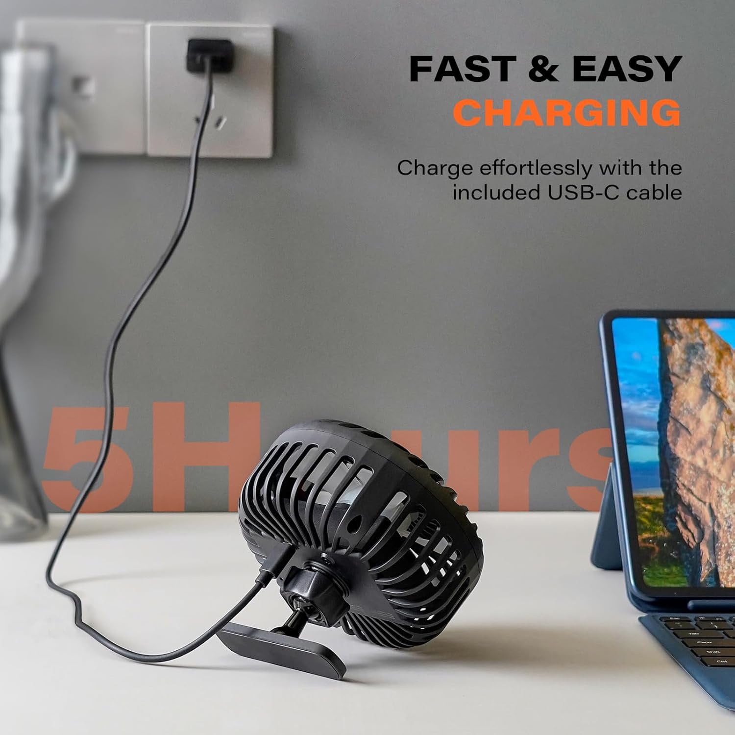 A2C Portable Fan, Rechargeable Magnetic Base Battery Operated 3-Speed Strong Airflow, Mini Desk Fan, Golf Cart, Forklift, Camping, Gym, Outdoor, Black