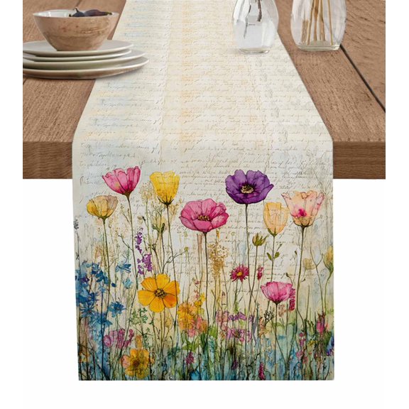 ERUNPONLY Spring Floral Table Runner - 36 Inch Long Summer Botanical Watercolor Flowers Pastoral Cotton Linen Blended Dress Scarves Farmhouse Table Runner for Kitchen Dining, Coffee Table, 13"x36"