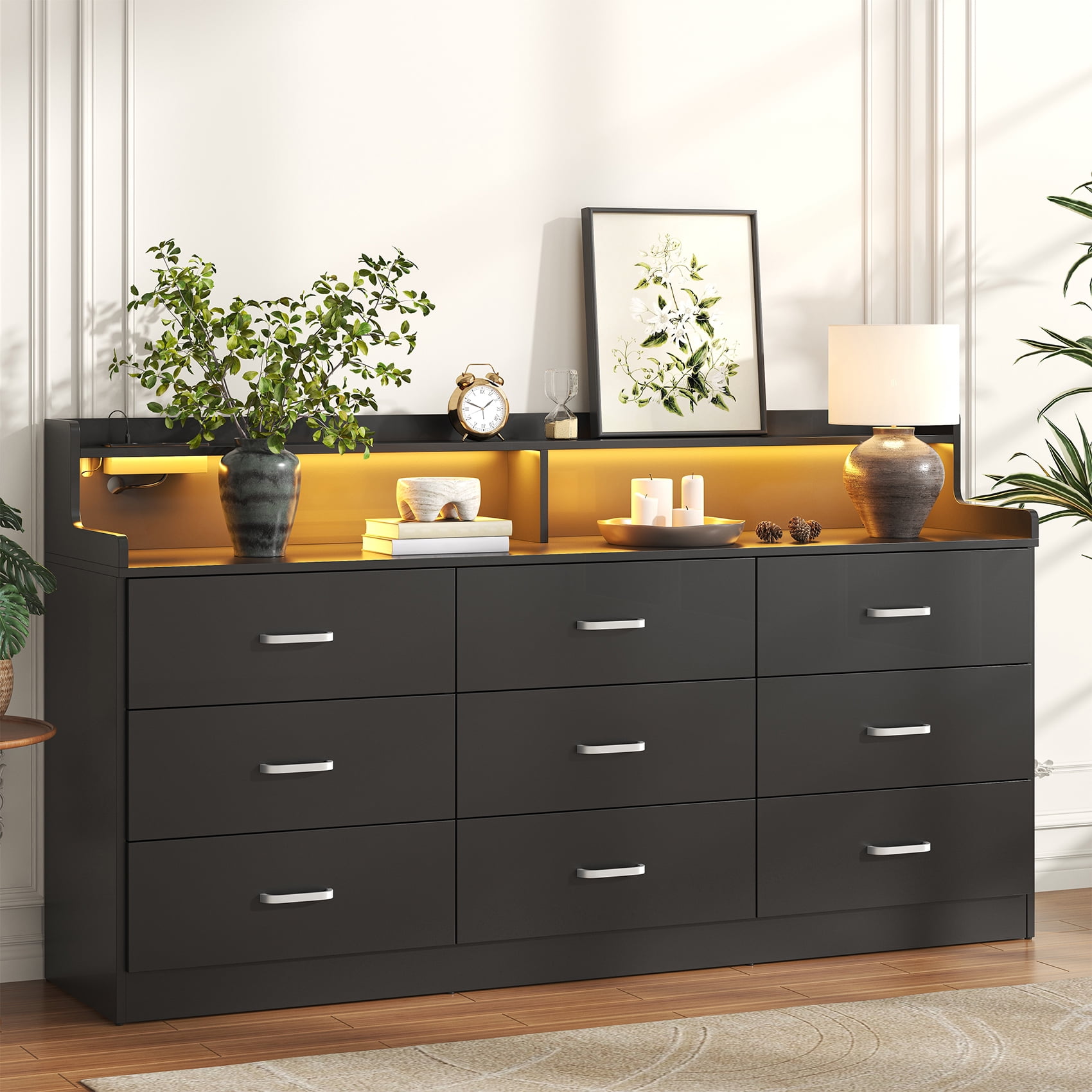 Frmobepts 9 Drawers Dresser, 63" Black Drawer Dresser with Power Outlet, Accent Chests of Drawers with LED Light, Modern Storage Dresser for Bedroom, Living Room
