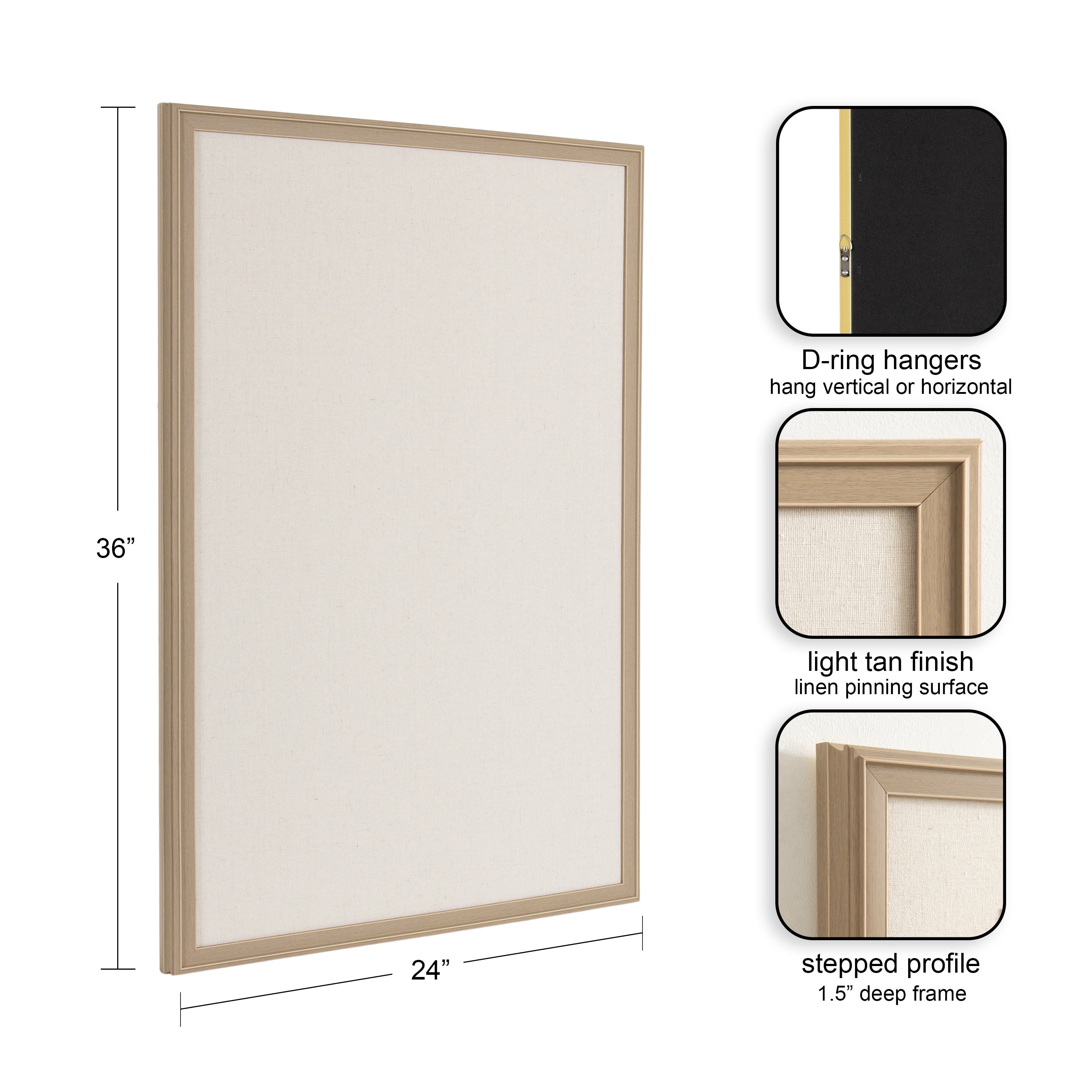 Kate and Laurel Oakhurst Rectangle Framed Linen Fabric Pinboard, 24 x 36, Light Tan, Traditional Decorative Bulletin Board with Stepped Profile and Lightly Distressed Finish