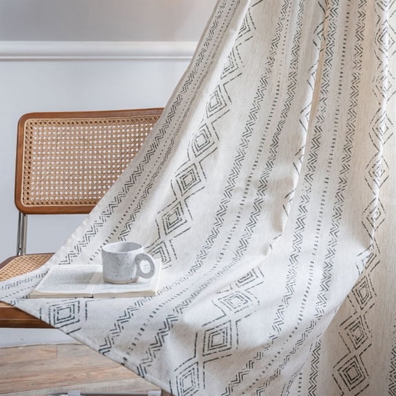 PixelForge Semi Blackout Linen Curtains Geometric Window Curtains 84 Inch Length Farmhouse Light Filtering Drapes for Living Room Bedroom 1 Panel,Beige