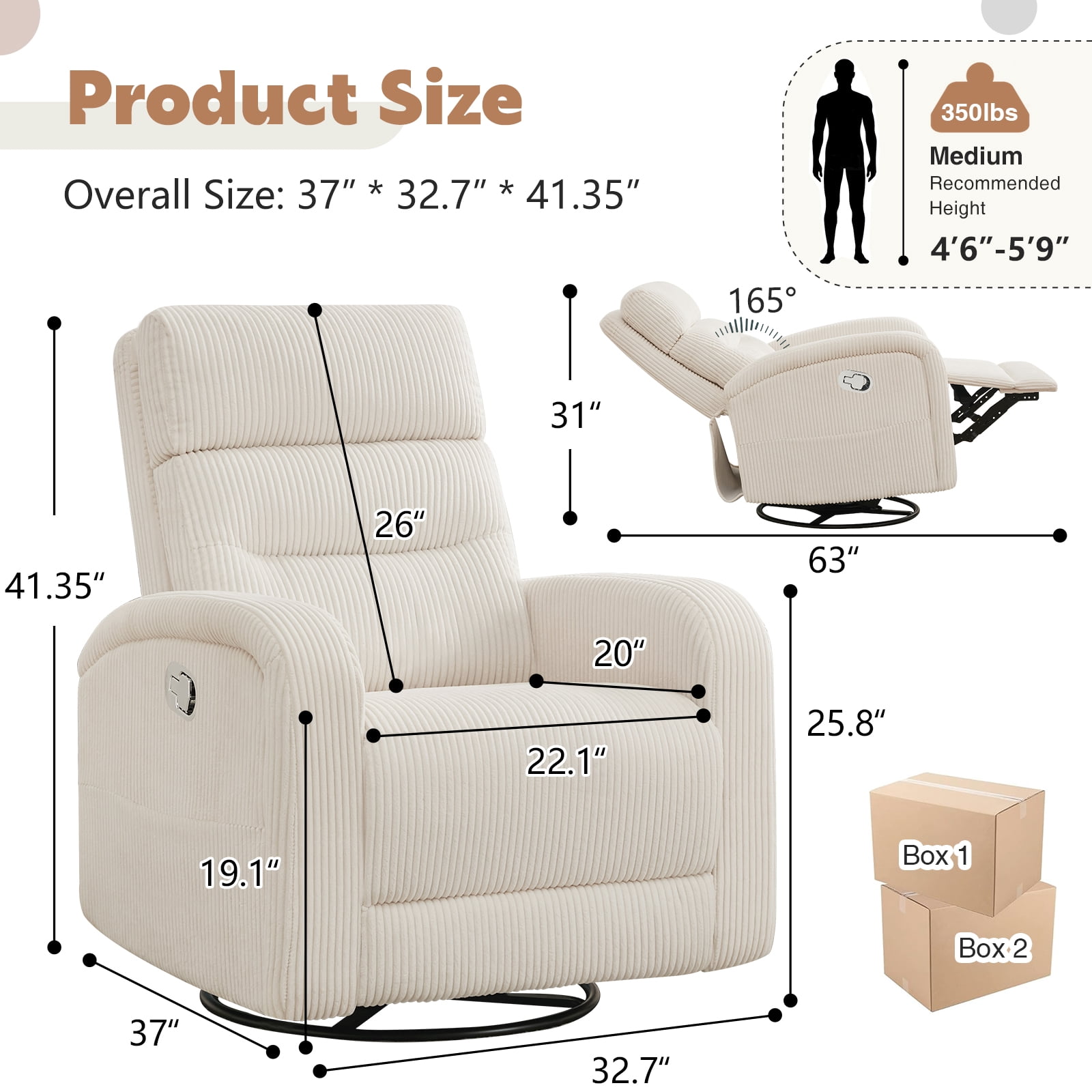 Aemeios Manual Swivel Rocker Recliner Chair, Corduroy Nursery Chair for Living Room, White