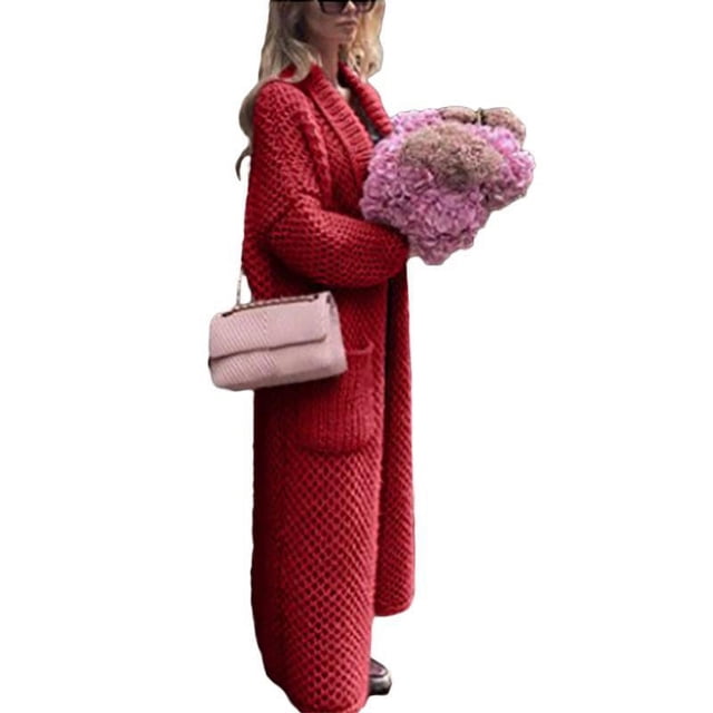 Suéter de punto con solapa de invierno para mujer, jersey de punto largo de talla grande y color liso con collage