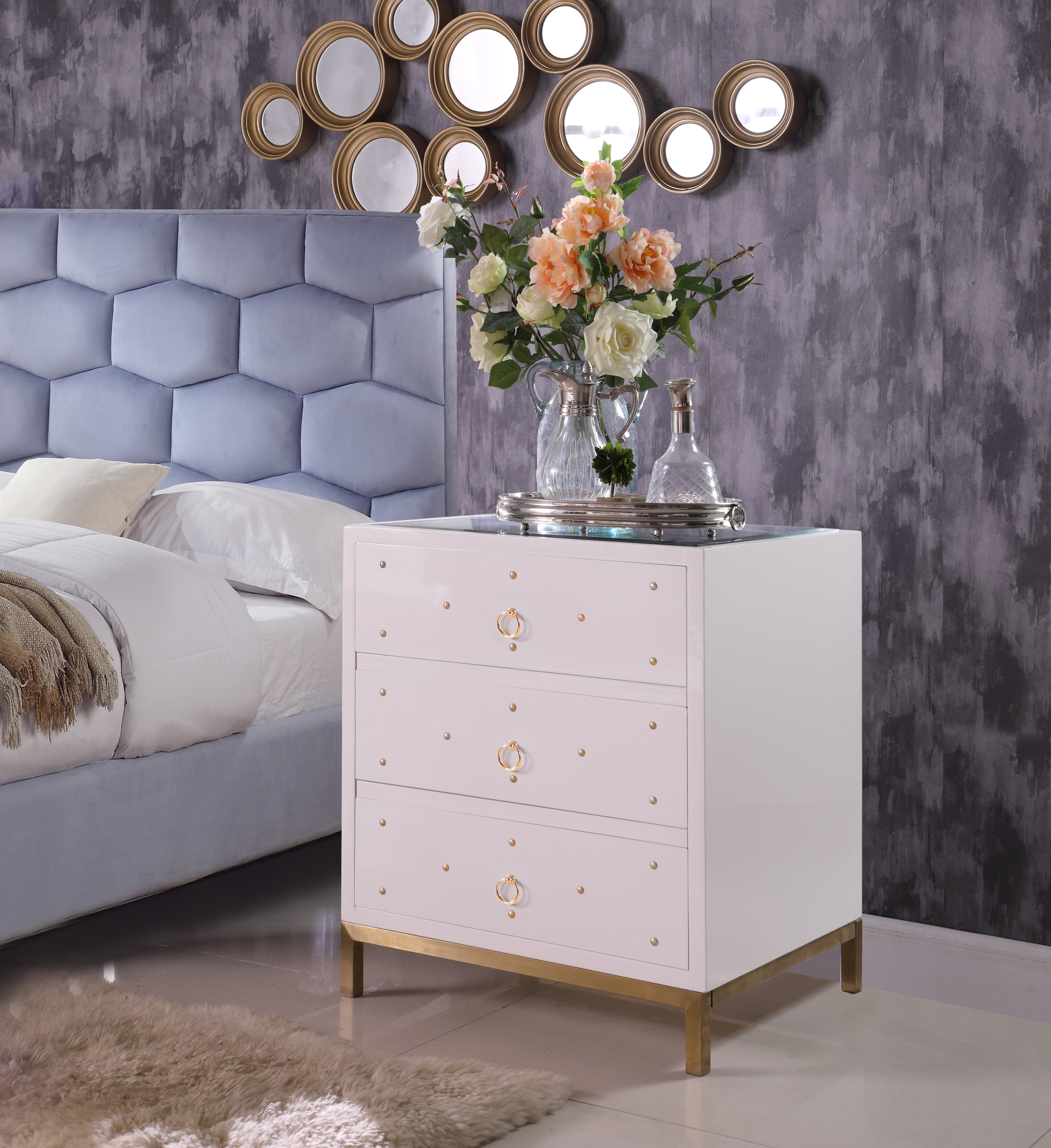 Chic Home Arezzo Nightstand Side Table Mirror Glass Top with 3 Self