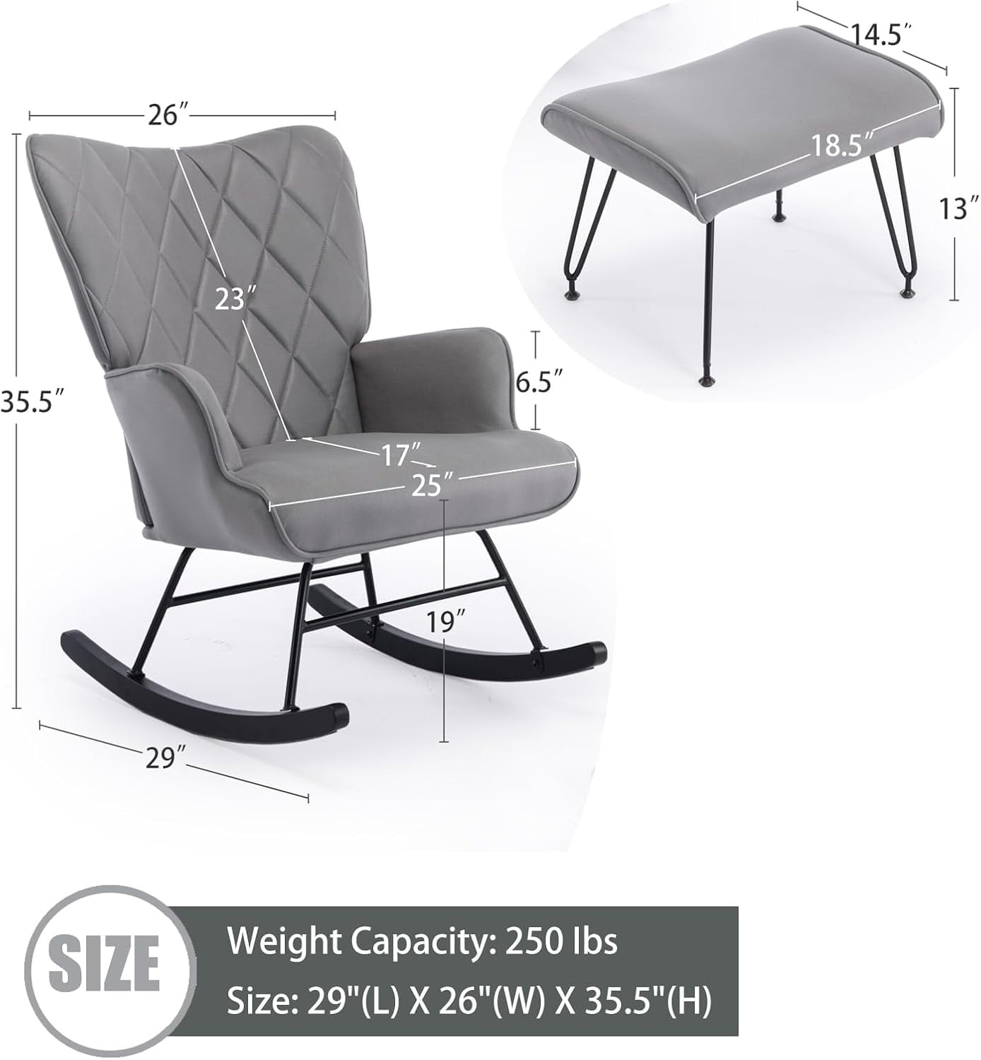 AIWOEN Modern Upholstered Rocking Chair with Ottoman – High Back Glider for Nursery, Living Room, or Bedroom – Comfortable Armchair with Lumbar Support & Sturdy Wood Rockers (Grey Fabric)