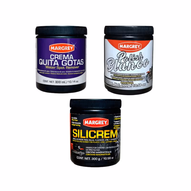 Combo Limpieza y Pulido Automotriz | Quita Gotas 300 ml + Silicrem 300 ml + Polish Blanco 300 ml