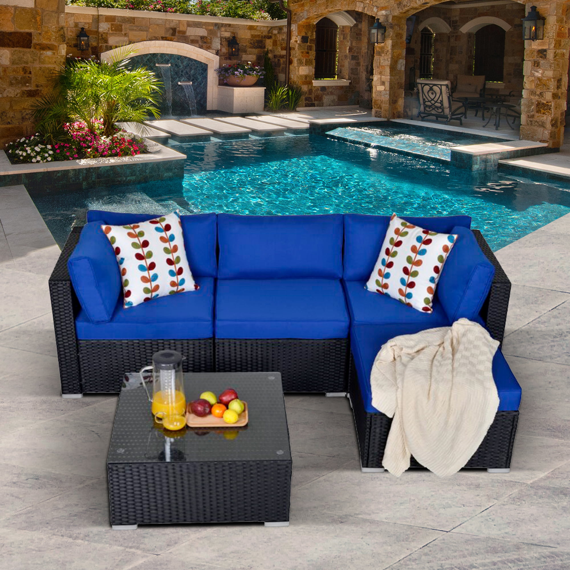2 Piece Black Wicker Rattan Outdoor Couch Sectional Sofa with Non-Slip Blue Cushions,Wicker Single Sofa Chair for SUNVIVI OUTDOOR Furniture Outdoor Loveseat Patio Corner Sofa 