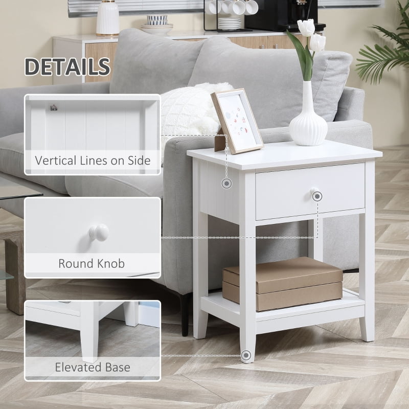 HOQBN Modern Side Table for Living Room, 2-Tier End Table with Drawer and Storage Shelf, White
