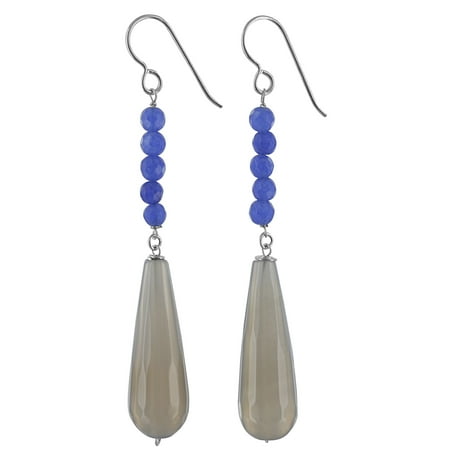 Gray Gemstone Earrings - Ashanti Handmade Smoky Agate and Navy Blue Jade Gemstone Sterling Silver Handmade Earrings (Sri Lanka) - Grey