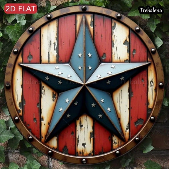 Patriotic American Flag Star Round Aluminum Sign - Rustic Farmhouse Distressed Wooden Plank Wall Decor, 1pc, 8" Wall Art Metal Sign, For Porch, Garden, Cafe, Room, Home, Ideal Gifts, Weather, 2D Flat