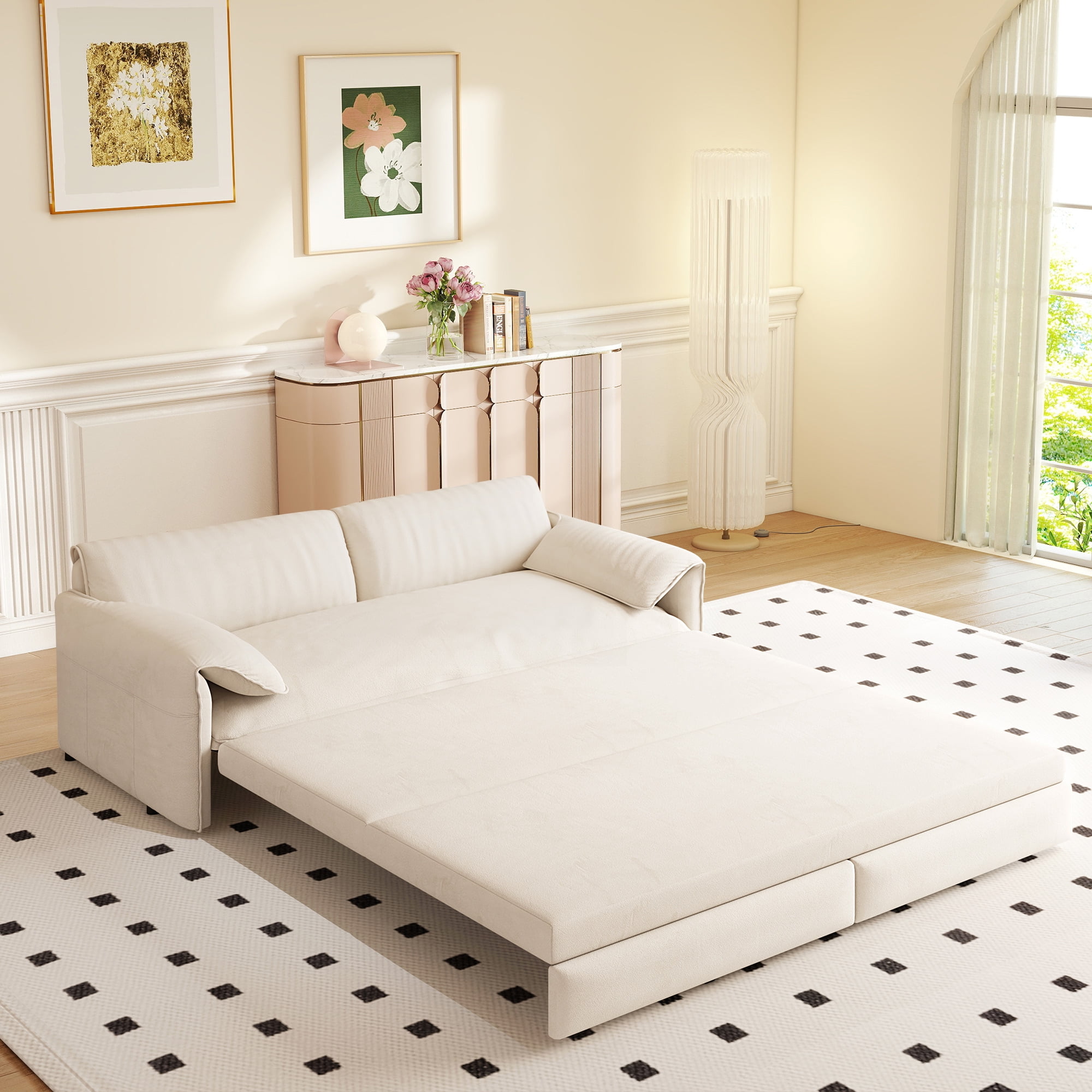 Timbernest 66" Queen Pull Out Sofa Bed, 3-in-1 Convertible Sleeper Sofa with Side Storage, Velvet Loveseat Couch for Living Room, Beige
