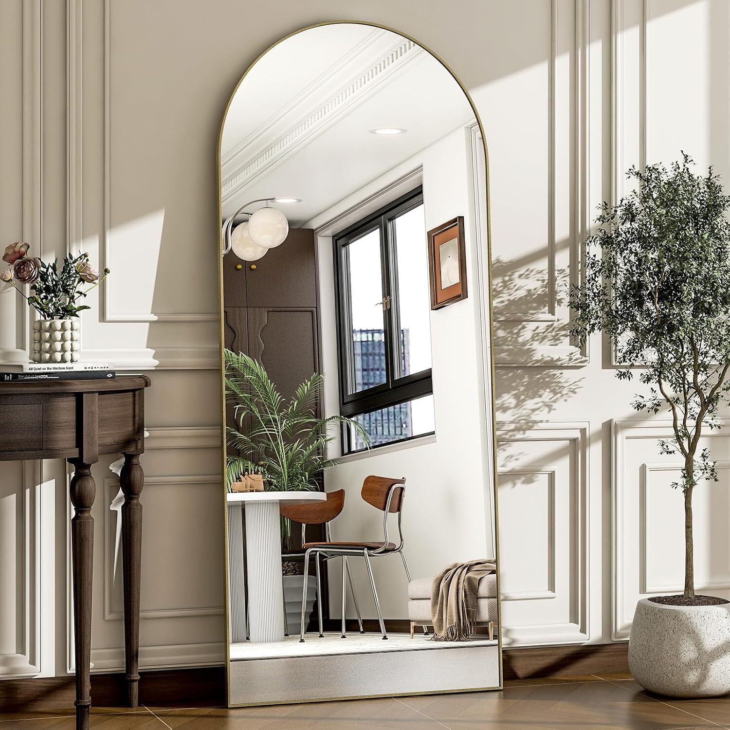 Anyrose 57"x 19" Arched Full Length Mirror Floor Mirror with Stand Wall-Mounted, Gold