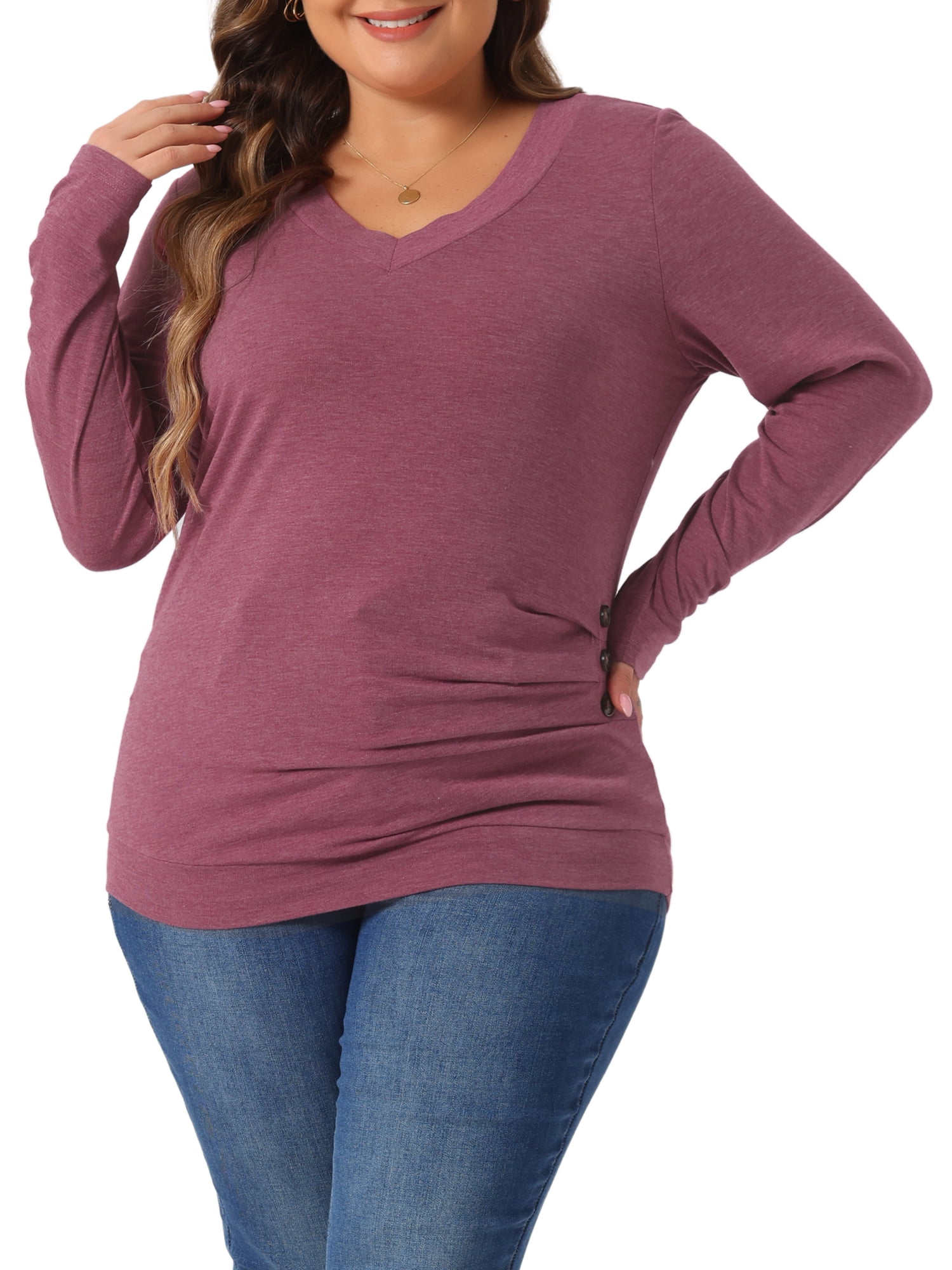 DARING DIVA Women's Plus Buttons Decor Ruched Casual Blouses 4X Purple Red