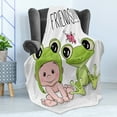 thumbnail image 4 of Animal Soft Flannel Fleece Throw Blanket, Baby in Froggy Hat and Frog Best Friends Love Theme Graphic, Cozy Plush for Indoor and Outdoor Use, 60" x 80", Cream White Green, by Ambesonne, 4 of 5