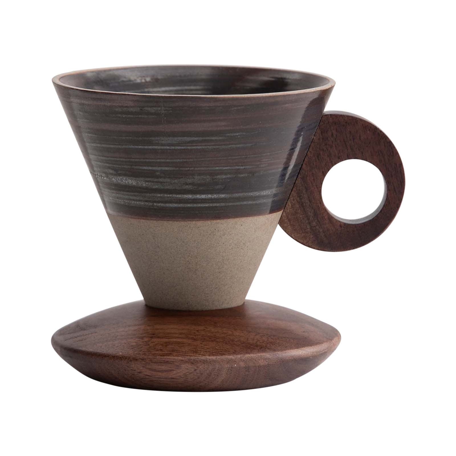 Elegant Conical Ceramic Coffee Cup with Solid Wood Base, Vintage Coarse Pottery Funnel-Shaped Mug for Home, Handcrafted Heat-Resistant Tea Coffee Cup, Pour-Over Espresso Brewing Mug, 200ml