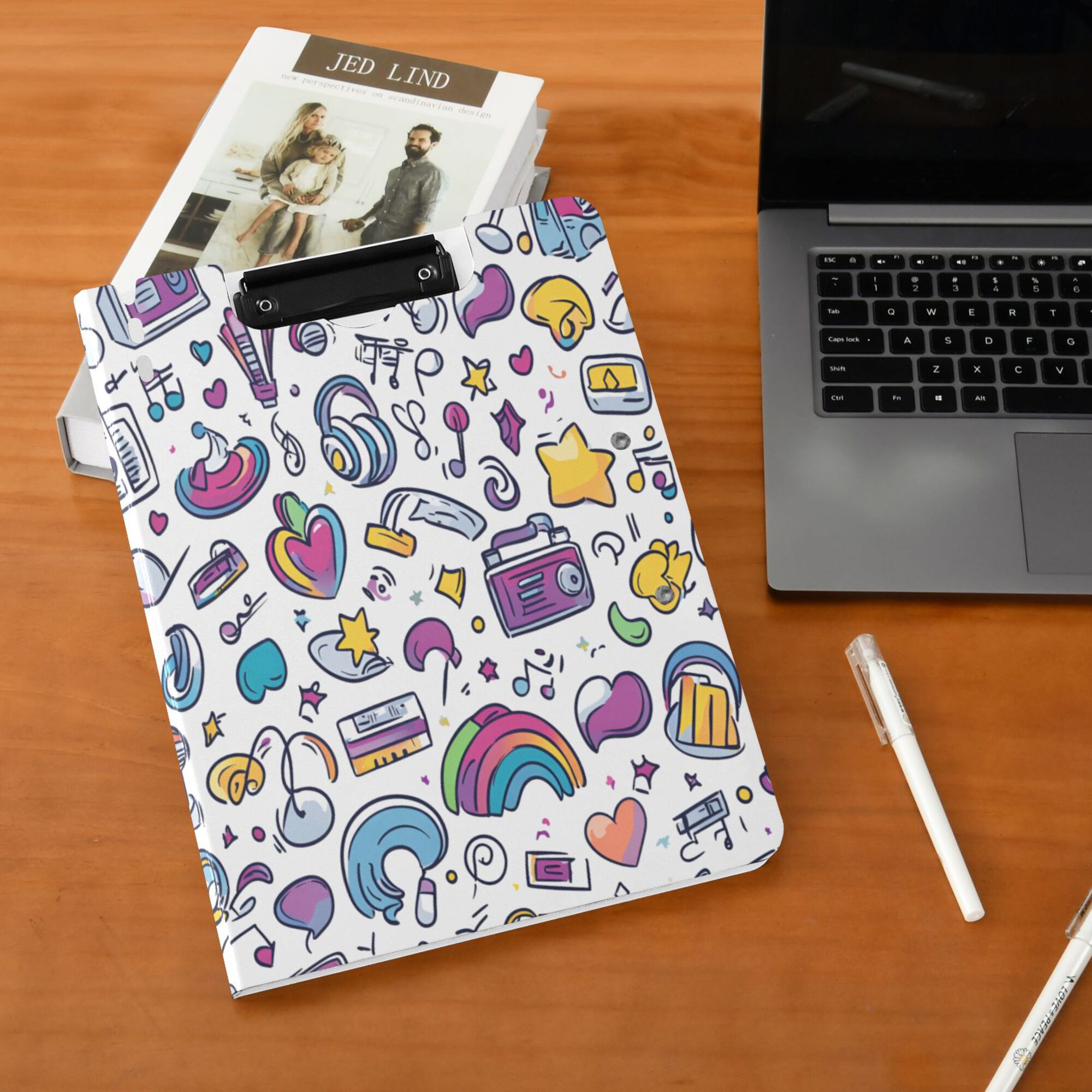 FORMRS A4 Clipboard Folder with Pen Holder Horizontal Foldable School Office Binder, Purple Doodle Pattern